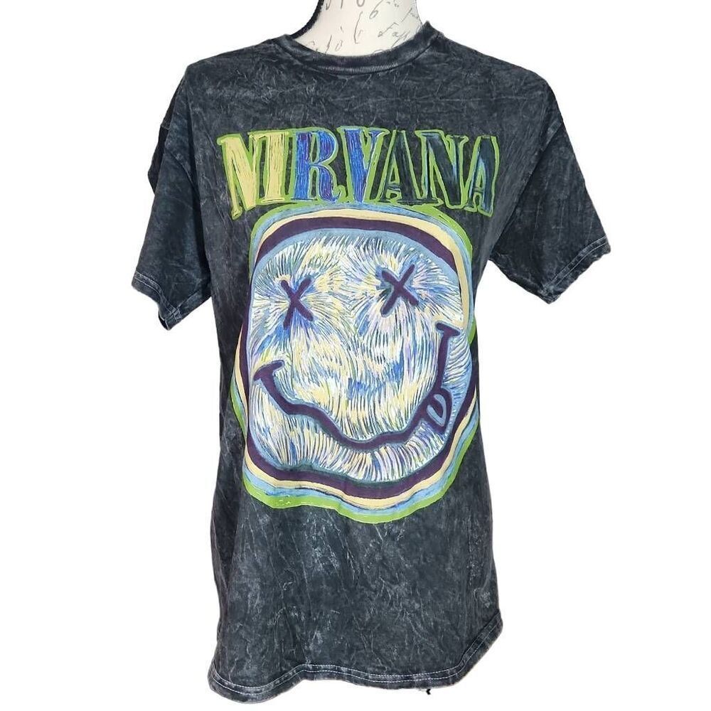 Nirvana Unisex Size Medium Black Yellow TieDye Smiley Face Short Sleeve T-shirt